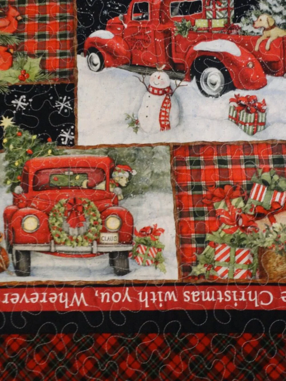Handmade Red Truck Christmas Quilt, Fleece Backing, Holiday Throw (47